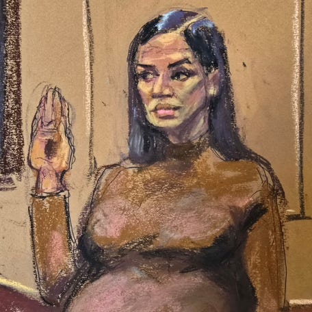 Sean "Diddy" Combs' former girlfriend Casandra "Cassie" Ventura is sworn in as a prosecution witness at his sex trafficking trial in New York City on May 13, 2025, in this courtroom sketch.