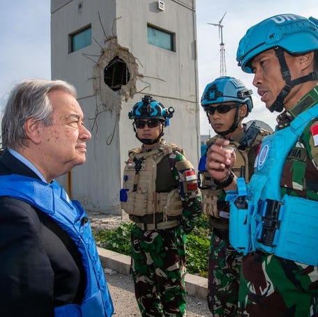 United Nations Secretary-General António Guterres meets with peacekeepers in Naqoura, Lebanon.