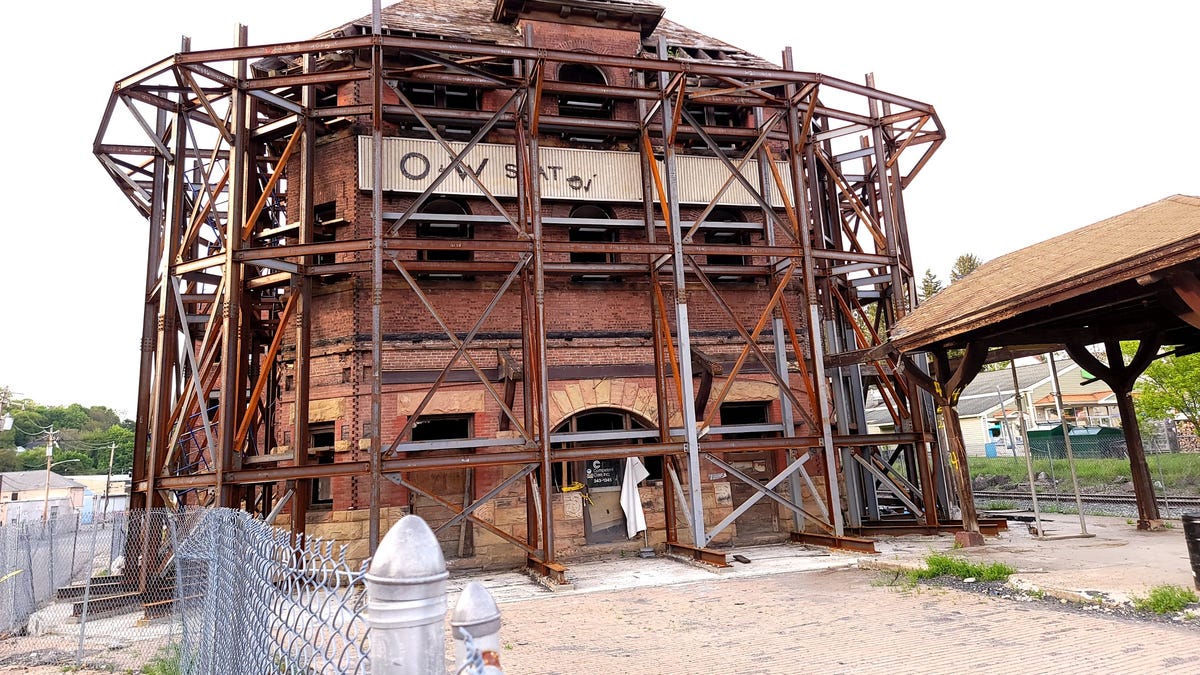 Remediation and shoring is complete on the O&W Railroad station in Middletown, New York, shown May 12, 2025.