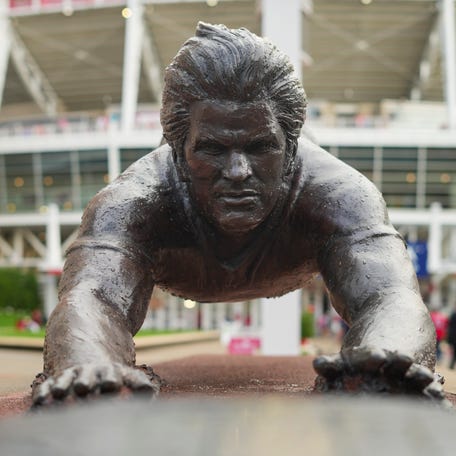 A view of the statue of Pete Rose at Great American Ball Park.
