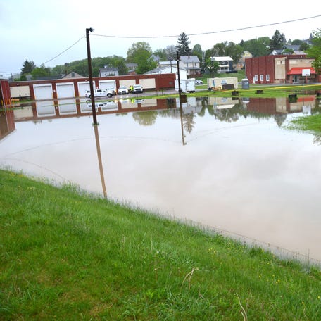 Part of Paul E. Fuller Park in Meyersdale, Pennsylvania, is swamped by Flaugherty Creek on May 13, 2025.