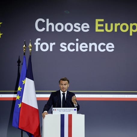 French President Emmanuel Macron delivers a speech during the "Choose Europe for Science" event to encourage researchers and scientists from all over the world to practice in Europe, in the amphitheater of the Sorbonne University in Paris, France, on May 5.