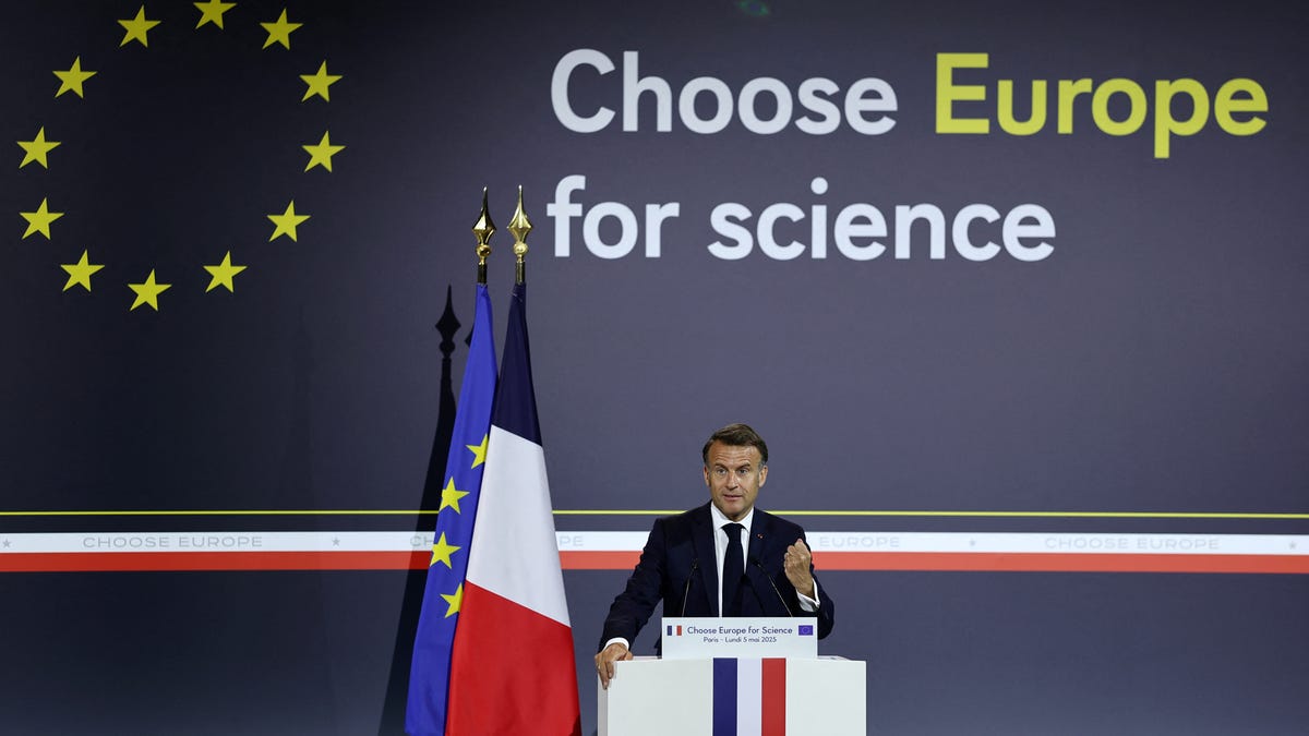 French President Emmanuel Macron delivers a speech during the "Choose Europe for Science" event to encourage researchers and scientists from all over the world to practice in Europe, in the amphitheater of the Sorbonne University in Paris, France, on May 5.