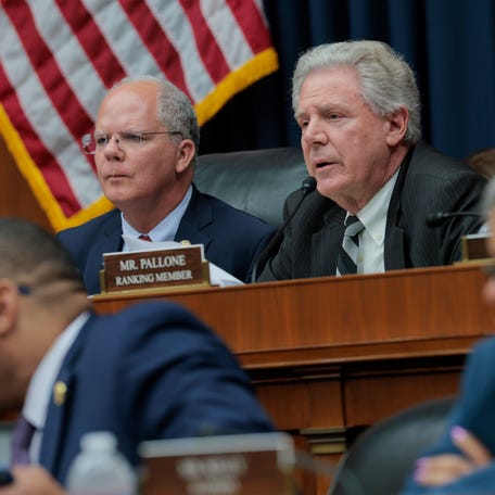 WASHINGTON, DC - MAY 13: House Committee on Energy and Commerce chairman Brett Guthrie (R-KY) (L) and Ranking member Frank Pallone (D-NJ) (R) speaks during a markup meeting with the committee on Capitol Hill on May 13, 2025 in Washington, DC. The committee met to discuss legislative recommendations for budget reconciliation. The committee room was surrounded by protesters fearing cuts or increased costs to medicaid. (Photo by Anna Moneymaker/Getty Images) ORG XMIT: 776318837 ORIG FILE ID: 2214935788