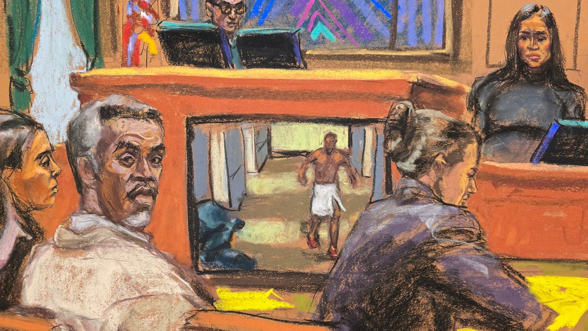 Sean "Diddy" Combs listens as his former girlfriend Casandra "Cassie" Ventura testifies at his sex trafficking trial in New York City, New York, U.S., May 14, 2025 in this courtroom sketch. REUTERS/Jane Rosenberg