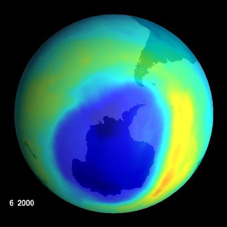 The largest ozone hole ever seen opened up over Antarctica in 2000. Seen in this image released by NASA, the hole appears as a giant blue blob which spreads over about 11 million square miles.
