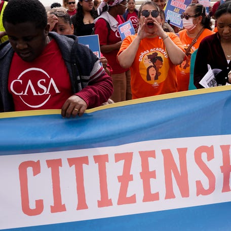 Demonstrators rally on the day the Supreme Court justices hear oral arguments over President Donald Trump's bid to broadly enforce his executive order to restrict automatic birthright citizenship, during a protest outside the Supreme Court in Washington, D.C., May 15, 2025.