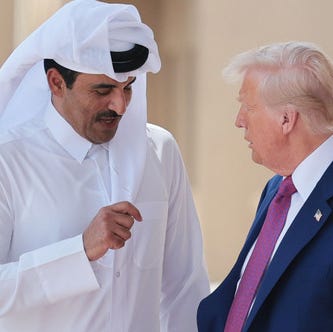 President Donald J. Trump speaks with Emir of Qatar Tamim bin Hamad al Thani as he departs the Al Udeid Air Base for Abu Dhabi on May 15, 2025, in Doha, Qatar.