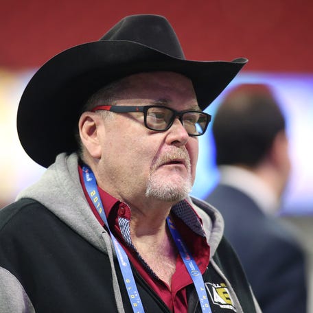 Professional wrestling commentator Jim Ross looks on before the 2019 Peach Bowl college football playoff semifinal game between the LSU Tigers and the Oklahoma Sooners at Mercedes Benz Stadium.