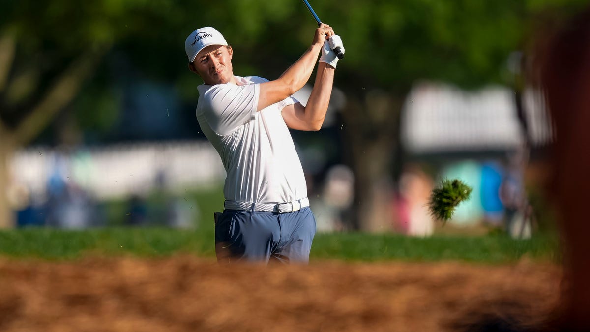 May 15, 2025; Charlotte, North Carolina, USA; Matt Fitzpatrick watches his ball on the fairway at the tenth hole during the first round of the PGA Championship golf tournament at Quail Hollow. Mandatory Credit: Jim Dedmon-Imagn Images