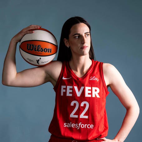 Indiana Fever guard Caitlin Clark poses for a photo on April 30, during the Indiana Fever's media day at Gainbridge Fieldhouse.
