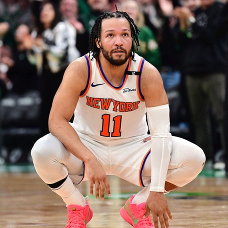 Knicks guard Jalen Brunson fouls out of Game 5 of the second-round NBA playoff series against the Celtics at TD Garden.
