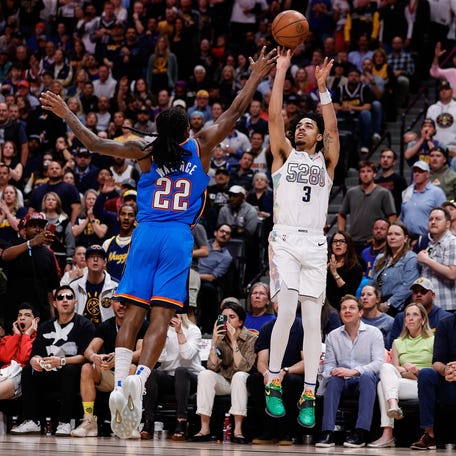Denver Nuggets guard Julian Strawther (3) attempts a shot in Game 6.