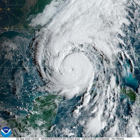 Hurricane Helene closes in on the Florida coast in this NOAA satellite image from Sept. 26, 2024. Helene was the continental United States' deadliest single storm since Hurricane Katrina in 2005.