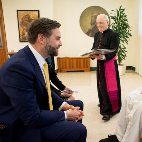 Pope Francis meets with Vice President JD Vance on Easter Sunday at the Vatican, April 20, 2025. Francis died soon after. Vance is traveling to Vatican City for the inaugural mass of Pope Leo XIV.