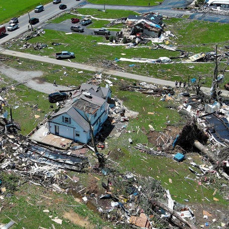 Damage in the Sunshine Hills subdivision seen on May 17, 2025, after a tornado tore through Laurel County and London, Kentucky.