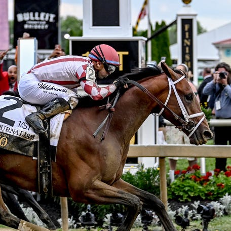 Journalism (2) with Umberto Rispoli up defeats Gosger (9) with Irad Ortiz Jr. up to win the running of the 150th Preakness stakes.