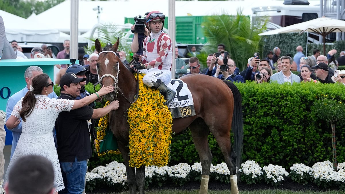 Journalism (2), with Umberto Rispoli riding, stands in the winner's circle after winning the 2025 Preakness Stakes.