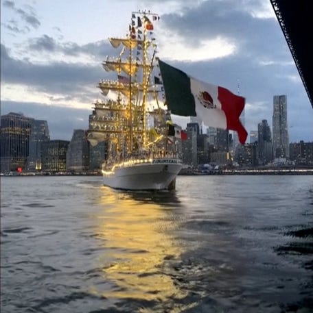 A view shows the Mexican Navy ship Cuauhtemoc moving towards the Brooklyn Bridge, before it crashed on May 17, 2025, in a screengrab obtained from a video.