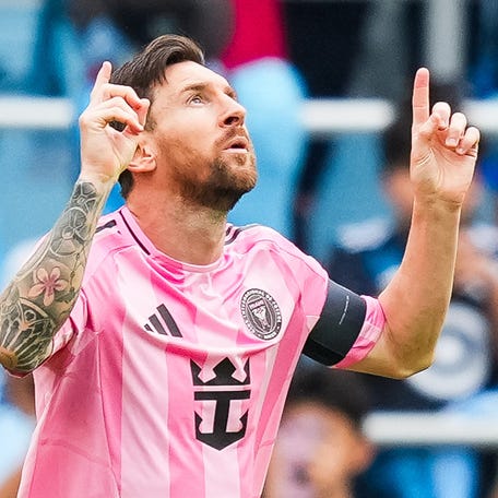 Inter Miami forward Lionel Messi (10) celebrates his goal during the second half against Minnesota United at Allianz Field on May 10, 2025.