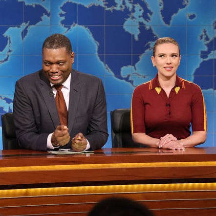 Colin Jost (from left), Michael Che and Scarlett Johansson on "Saturday Night Live" on May 17, 2025.