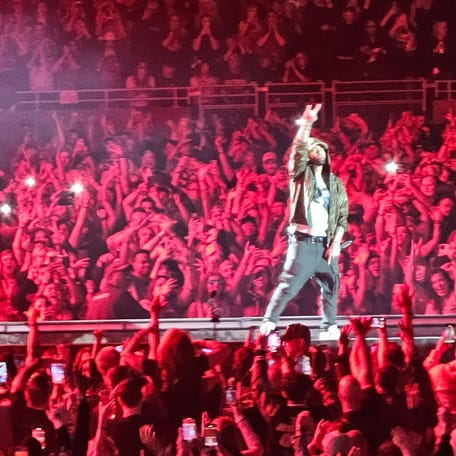 Eminem makes an appearance at Ford Field during Jelly Roll's concert on Sunday, May 18, 2025.