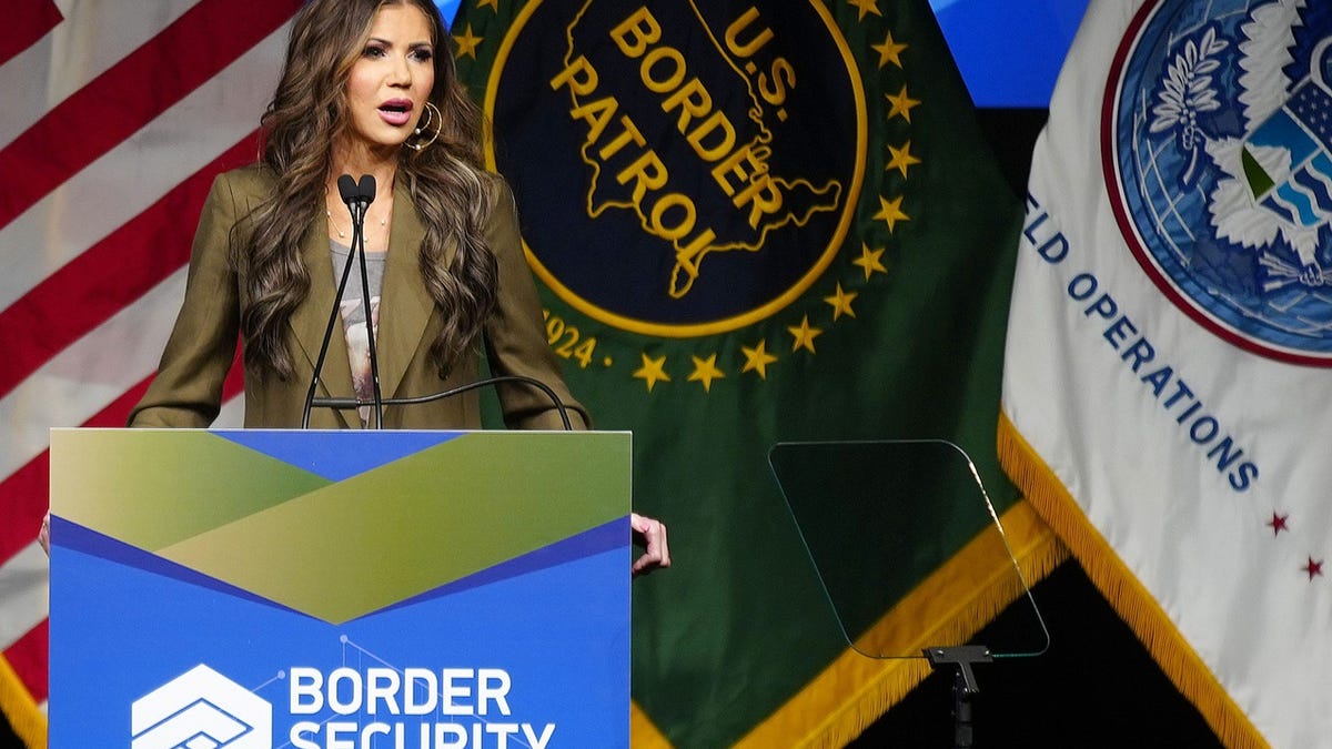 Department of Homeland Security Secretary Kristi Noem speaks during the Border Security Expo at the Phoenix Convention Center on April 8, 2025, in Phoenix, Ariz.