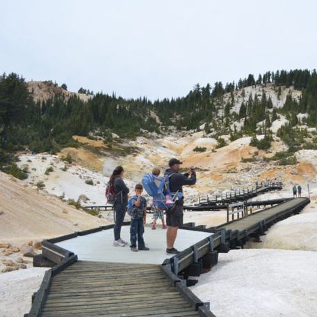 Lassen Volcanic National Park has hydrothermal sights including mud pots.