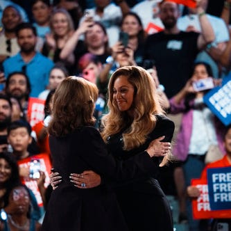 Democratic presidential nominee, Vice President Kamala Harris embraces singer Beyoncé at a campaign rally on October 25, 2024 in Houston, Texas.
