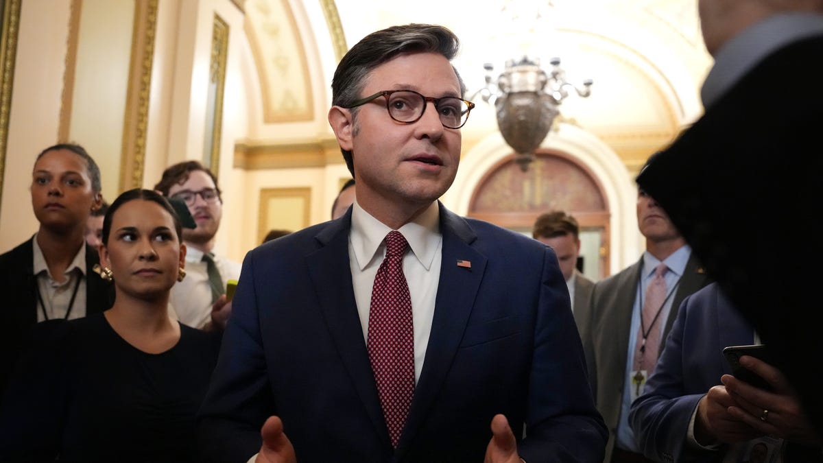 U.S. Speaker Mike Johnson (R-LA) speaks to reporters as he leaves the House Chamber at the U.S. Capitol on May 15, 2025 in Washington, DC.