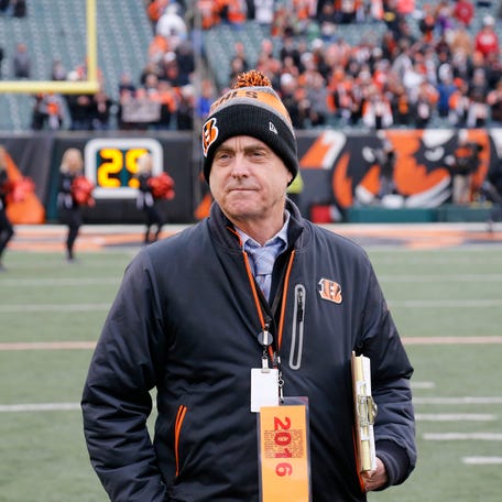 Retiring Cincinnati Bengals PR man Jack Brennan stands by after his final game after the fourth quarter of NFL Week 17 game between the Cincinnati Bengals and the Baltimore Ravens at Paul Brown Stadium in downtown Cincinnati on Sunday, Jan. 1, 2017. The Bengals wrapped up the season with a 27-10 win over Baltimore, finishing 6-9-1, and missing the playoffs for the first time since 2010.