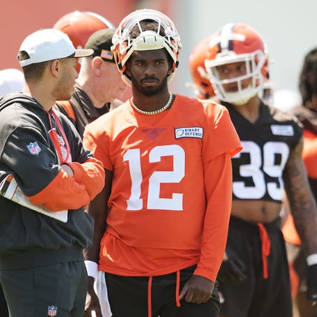 May 10, 2025; Berea, OH, USA; Cleveland Browns quarterback Shedeur Sanders (12) waits his turn for a drill during rookie minicamp at CrossCountry Mortgage Campus. Mandatory Credit: Ken Blaze-Imagn Images