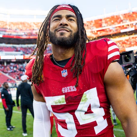 Dec 8, 2024; Santa Clara, California, USA; San Francisco 49ers linebacker Fred Warner (54) looks on after the game against the Chicago Bears at Levi's Stadium. Mandatory Credit: Bob Kupbens-Imagn Images