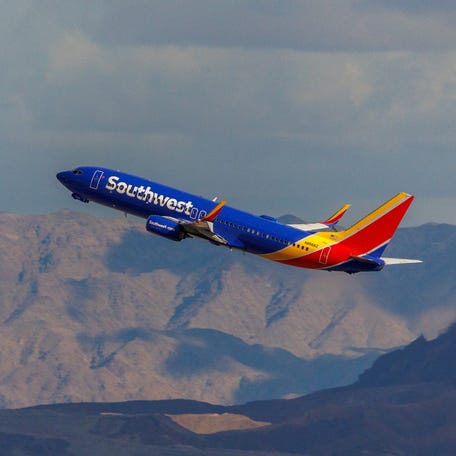 A Southwest commercial airliner takes off from Las Vegas International Airport in Las Vegas, Nevada, U.S., February 8, 2024.