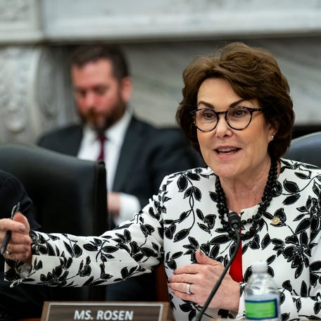 Sen. Jacky Rosen (D-NV), ranking member of the Senate Armed Services Subcomittee on Cybersecurity, speaks during a hearing on Artificial Intelligence cyber capabilities, on Capitol Hill on March 25, 2025 in Washington, DC.