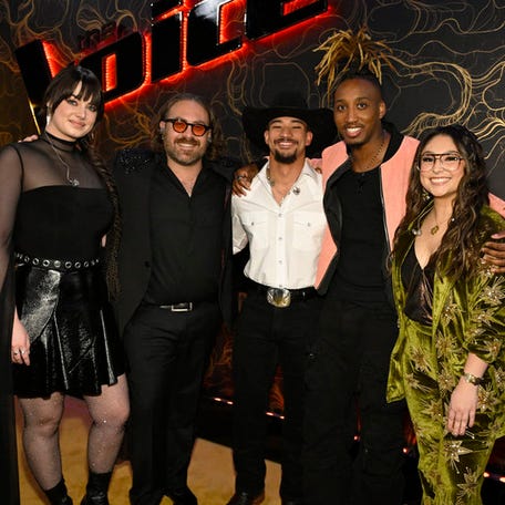 "The Voice" contestants Jadyn Cree, from left, Adam David, Jaelen Johnston, Renzo and Lucia Flores-Wiseman pose during the Season 27 finale on May 20, 2025.