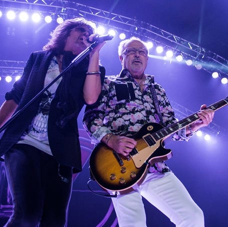 Kelly Hansen, left, and Mick Jones of Foreigner perform in November 2019 at the Indianapolis 500.