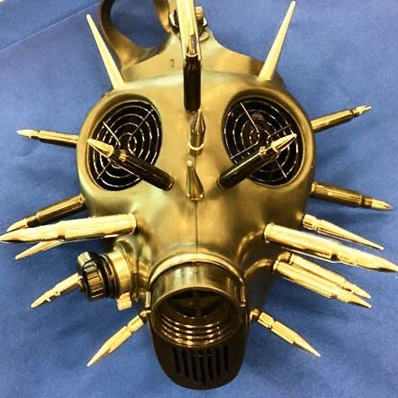 Steampunk gas mask  Where: Miami International Airport  What TSA had to say:   Packing list: Socks. ✅ Toothbrush. ✅ Curling Iron. ✅ Post-apocalyptic bullet-adorned gas mask. ❌ While gas masks are allowed in carry-on bags, replica bullets are not. This was discovered in a carry-on bag at Miami (MIA). Maybe he was catching a one way flight to #FuryRoad?
