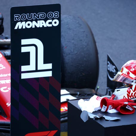 MONTE-CARLO, MONACO - MAY 26: The race helmet of Charles Leclerc of Monaco and Ferrari is seen in parc ferme during the F1 Grand Prix of Monaco at Circuit de Monaco on May 26, 2024 in Monte-Carlo, Monaco. (Photo by Clive Rose/Getty Images)