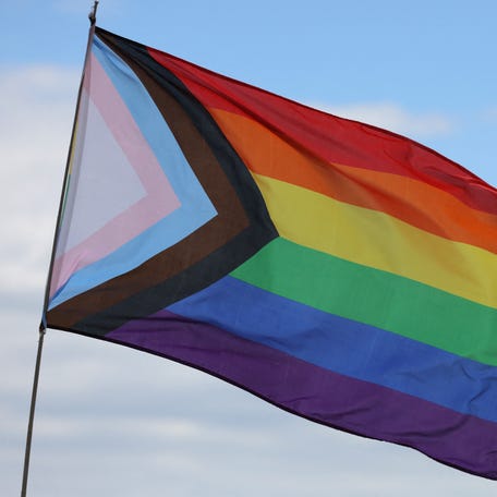 A "Progress Pride Flag" flies at the Brighton Beach Pride march, held ahead of Pride Month and in protest of Russia's designation of LGBTQ+ as an extremist organization, in Brooklyn, New York City, U.S., May 19, 2024.