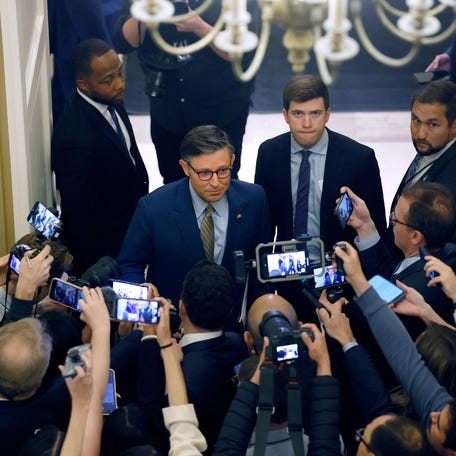 U.S. Speaker of the House Mike Johnson (R-LA) speaks to reporters as he departs for the White House as ongoing negotiations between House leadership, the White House and the House Freedom Caucus.