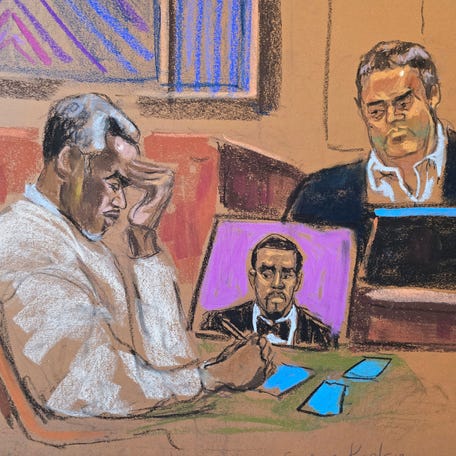 George Kaplan testifies at Sean "Diddy" Combs' sex trafficking trial in New York City, New York, U.S., May 21, 2025 in this courtroom sketch. REUTERS/Jane Rosenberg