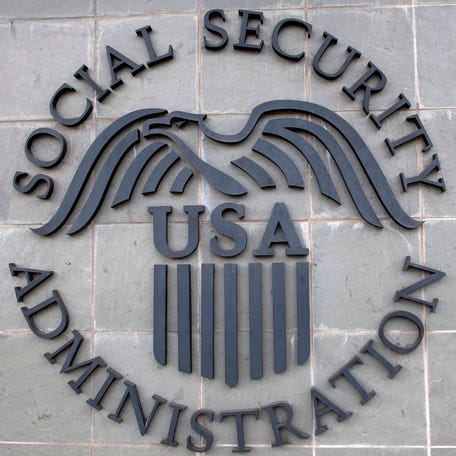 The logo of the US Social Security Administration is seen outside a Social Security building, November 5, 2020, in Burbank, California.