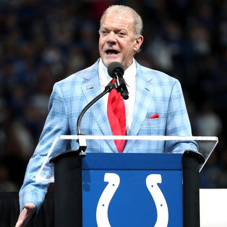 Jim Irsay speaks as Peyton Manning and Edgerrin James receive their Hall of Fame rings in 2021.