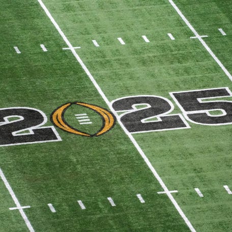 Jan 19, 2025; Atlanta, GA, USA; The College Football Playoff National Championship logo on the field at Mercedes-Benz Stadium, the site of the 2025 College Football Playoff National Championship between the Ohio State Buckeyes and the Notre Dame Fighting Irish. Mandatory Credit: Kirby Lee-Imagn Images