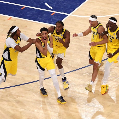 Tyrese Haliburton celebrates his game-tying shot in Game 1 against the Knicks.