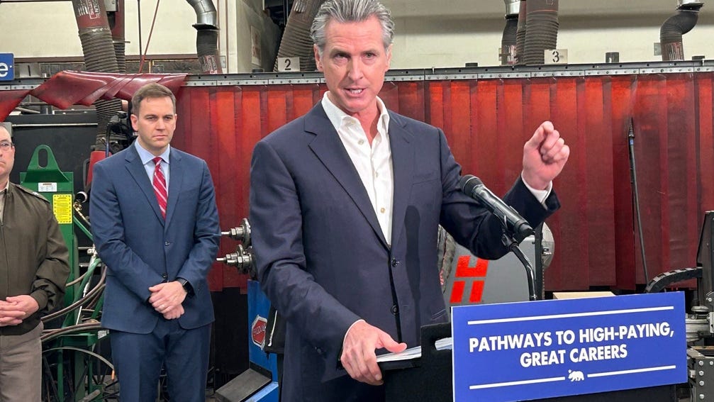 California Gov. Gavin Newsom spoke at Shasta College in Redding on Monday, Dec. 16, 2024. Newsom, 57, is among a generation of Democratic politicians under 60 who are seen as the future of the party.