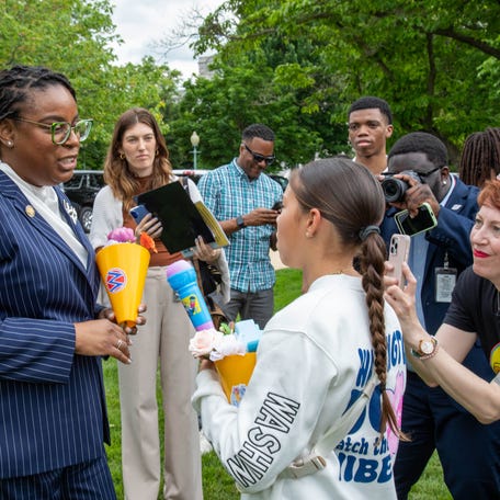 WASHINGTON, DC - MAY 08: Rep. LaMonica McIver (D-NJ) attends the MomsRising.org Gather On Capitol Hill To Urge Lawmakers To Reject Tax Breaks For Billionaires And Protest Cuts To Medicaid And Child Care on May 08, 2025 in Washington, DC.
