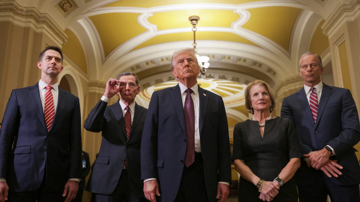 U.S. President-elect Donald Trump, U.S. Senator Tom Cotton (R-AR), U.S. Senator John Barrasso (R-WY), U.S. Senator Shelley Moore Capito (R-WV) and Senate Majority Leader Sen. John Thune (R-SD) look on, after a meeting with Republicans in Congress at the U.S. Capitol building in Washington, U.S. January 8, 2025.