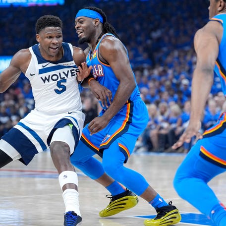 Oklahoma City guard Luguentz Dort (5) runs up against Oklahoma City guard Luguentz Dort (5) in the first quarter during game 2 of the Western Conference Finals between the Oklahoma City Thunder and the Minnesota Timberwolves at Paycom Center in Oklahoma City, on Thursday, May 22, 2025.